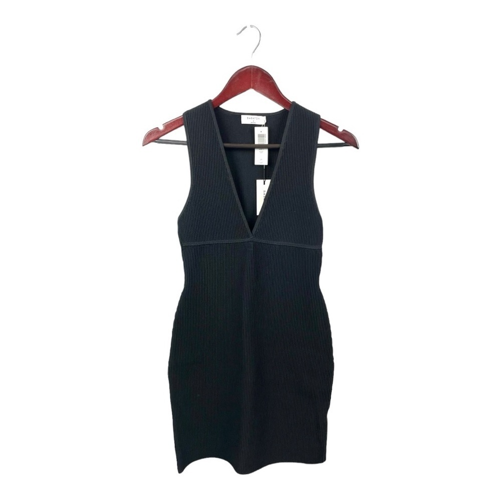 NEW Babaton Deep V Ribbed Sculpt Mini Dress in Black Size S - Picture 2 of 5